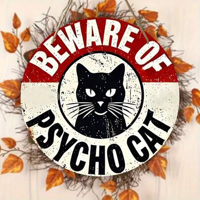 1pc Crazy Cat Warning Sign - 8 Inch Round Faux Wood Wall Art, Weather-Resistant, Hang On Door, No Power Needed, Multipurpose Indoor/Outdoor Decor For Home, Office, Bar, Pre-Drilled Holes As Shown In Size