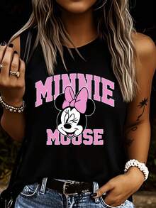 Disney 1 chiếc áo thun không tay in hình chuột Minnie hoạt hình dành cho nữ, cổ tròn, co giãn, phù hợp mặc hàng ngày, chất liệu dễ giặt ủi, áo vest thời trang thường ngày cho nữ. - màu đen - Xem 3