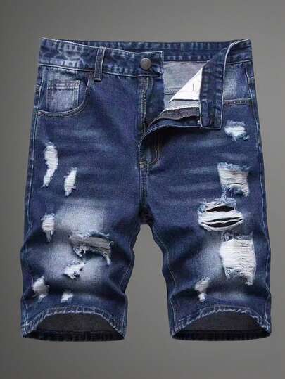 Quần short denim dáng ôm thẳng, màu xanh hải quân, họa tiết râu mèo, dành cho thiếu niên.
