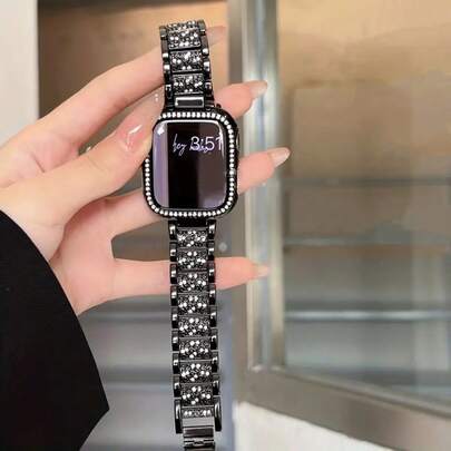 1pc Compatible With Apple Watch Band, Unisex, Shiny Fashion Jewelry Black Metal Bracelet, Compatible With Apple Watch 38mm 40mm 41mm 42mm 45mm 46mm 49mm, Series 10/9/8/7/6/5/4/3/2/1/SE/Ultra, Adjustable Wristband, Diamond Stainless Steel Metal Strap