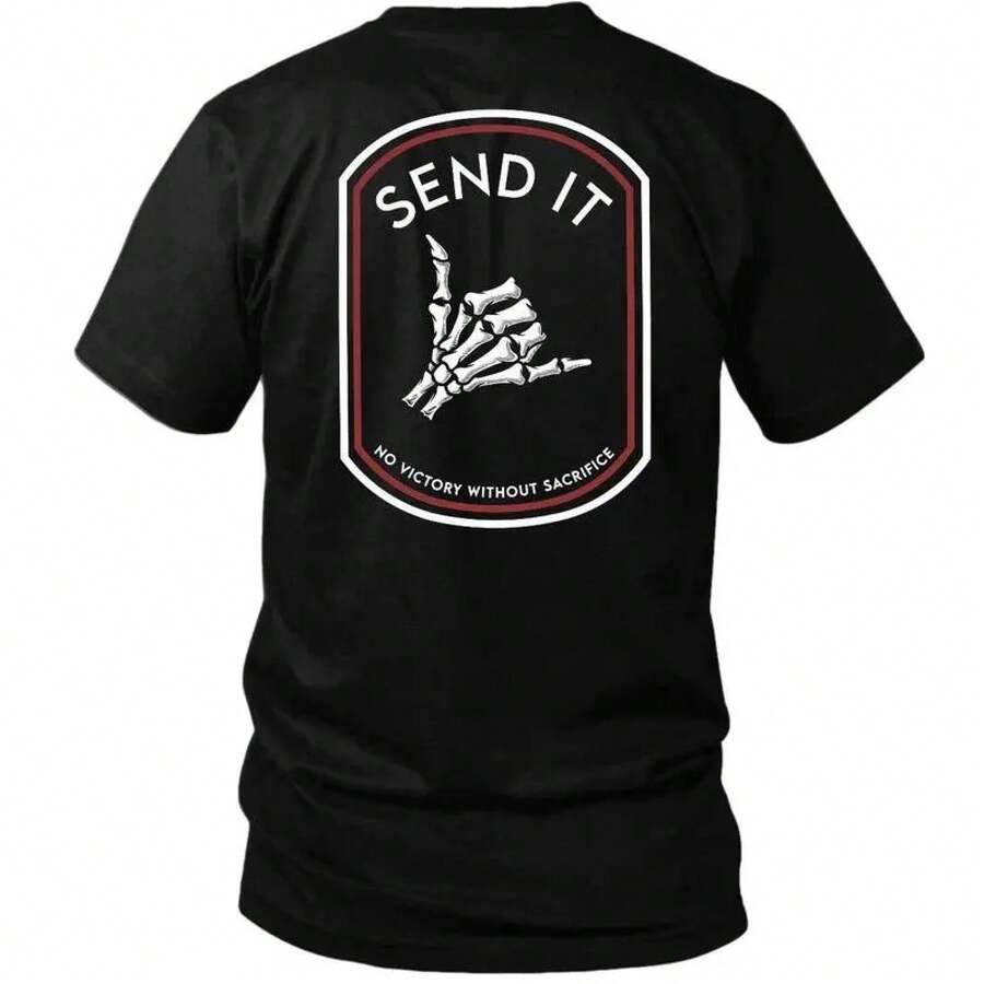 [Hot ]Send It Tactical T-Shirt Skeleton Shaka Hand Patch Graphic Tee No Victory Without Sacrifice Quote Military Mindset Motivation Streetwear Gift For Veterans Gym Guys & Tactical Fans Menswear Top. The Best Gift T-Shirt - 黑色 - 查看 1