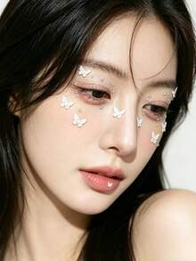 1pc Sweet Girl 3D Butterfly Face Sticker, Mermaid Round Bead Face Rhinestone Sticker, Photography Atmosphere Makeup Accessory, Hanfu Makeup Face Rhinestone Decor, Creative Makeup Styling Decoration Tool,Concert Look,Face Gems - Multicolor - View 2
