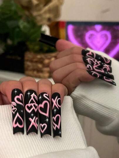 Y2K Heart Shaped Acrylic Nails 24 Pcs Long Square Press On Nails, DIY 3D Art Black False Nail Set With Dopamine And Cherry Decorations, Suitable For Girls And Women – Nail Accessories For Everyday Wear And Holiday Party Decorations Or Gifts
