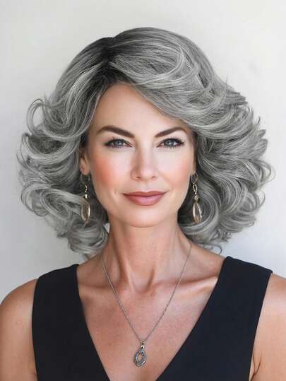Gray Short Curly Wig With Bangs For Women 12inch Side Part Loose Wave Wig Synthetic Loose Curly Bob Silver Grey Non Lace Bob Wig Glueless Wigs For Women Silver Gray Bob Wig Mother's Day