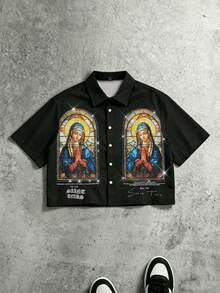 FRACTYR 男士夏季休闲宽松短袖梭织衬衫，饰有圣母玛利亚数码印花，百搭街头风 - 黑色 - 查看 1