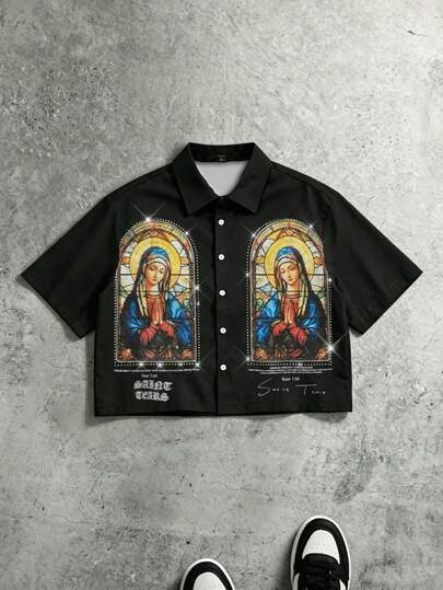  Áo sơ mi nam tay ngắn dáng rộng mùa hè FRACTYR, chất liệu dệt kim, in kỹ thuật số hình Đức Mẹ Maria, phong cách đường phố đa năng.
