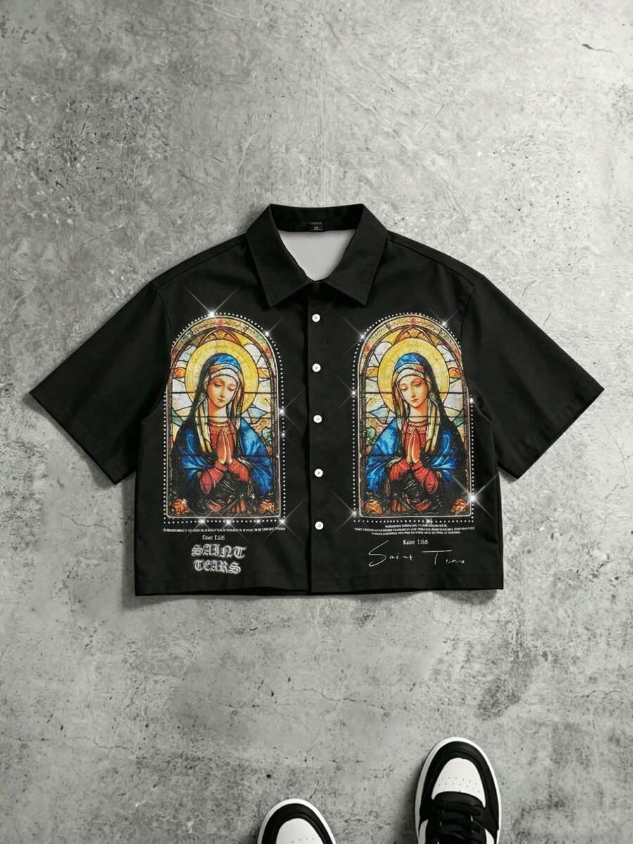FRACTYR 男士夏季休闲宽松短袖梭织衬衫，饰有圣母玛利亚数码印花，百搭街头风 - 黑色 - 查看 1