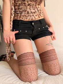 1 Pair Women's Spring Soft Pastel Lace Trim Fishnet Thigh High Socks, Versatile Wear - Brown - View 4