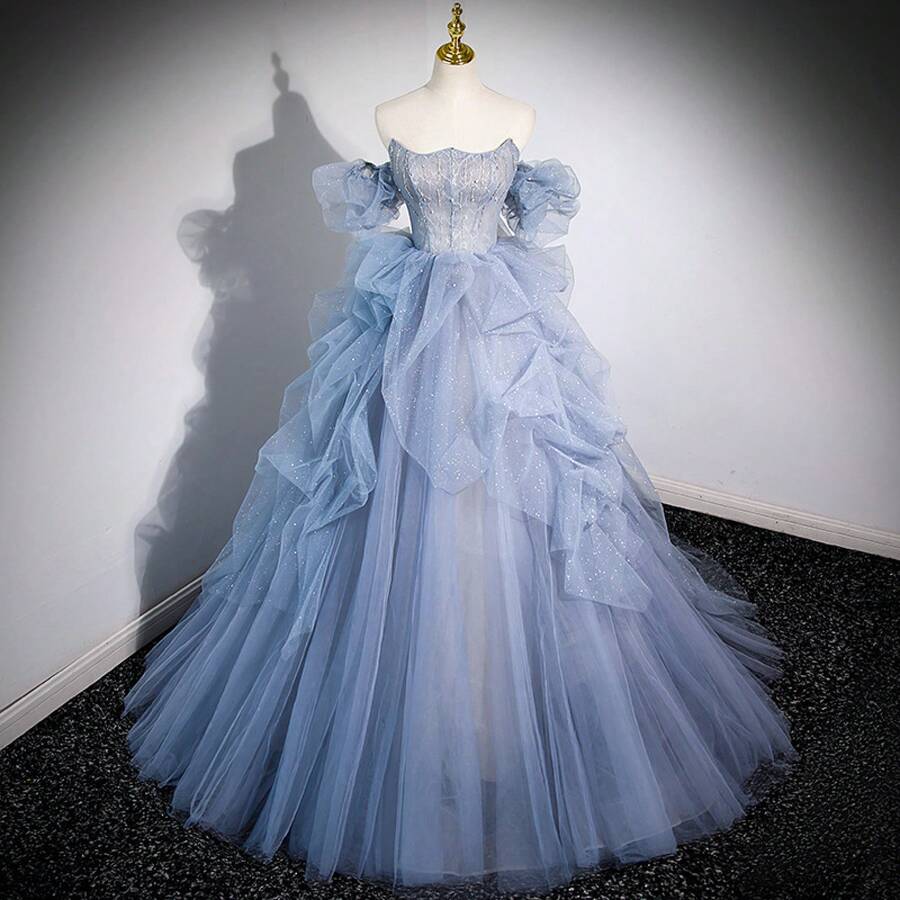 Off-The-Shoulder Evening Dress 2026, Haze Blue, Piano Recital, Coming-Of-Age Ceremony, Wedding Dress, Solo Vocal Performance, Blue Tulle Dress, Art Exam - 霧霾藍 - 查看 1