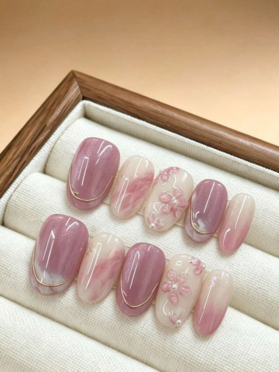 qihangxin 10入手工短款美甲貼片，2款可選：紫色貓眼與藍色貓眼、淺紫色貓眼、金色枝條藍葉花卉，夏季美甲，淺紫紫色美甲、薄荷藍美甲、粉色美甲、橢圓形美甲，適合日常配戴與節日禮物
