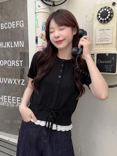 Grey Knit Cardigan Short Sleeve Women Slim Fit Collegiate Style Summer Round Neck Lace Patchwork Thin Top With Drawstring Hem