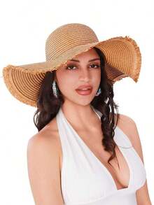 1pc Grass Banding Women Bow Decor Wide Brim Straw Hat Beach Valentine's Day Multicolor Wide Brim Hat Women Beach Travel Hiking Elegant Bow Valentine's Day - 卡其色 - 查看 10