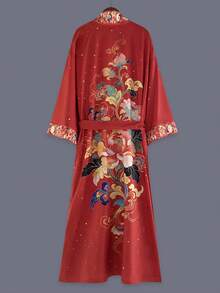 Áo khoác kimono tay lửng kiểu Nhật Bản in họa tiết hoa hồng, mỏng nhẹ, thích hợp mặc đi biển, du lịch, nghỉ dưỡng, áo choàng nhẹ, áo choàng tắm, thắt dây màu đỏ. - Đỏ - Xem 1