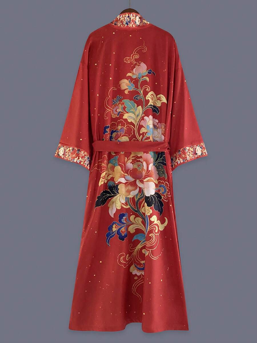 Áo khoác kimono tay lửng kiểu Nhật Bản in họa tiết hoa hồng, mỏng nhẹ, thích hợp mặc đi biển, du lịch, nghỉ dưỡng, áo choàng nhẹ, áo choàng tắm, thắt dây màu đỏ. - Đỏ - Xem 1