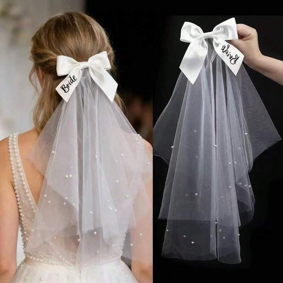 1件优雅浪漫新娘薄纱蝴蝶结发箍，手工白色花冠，公主风婚礼发饰，花童头饰，新娘面纱，化装舞会圣诞头饰 - 彩色 - 查看 1