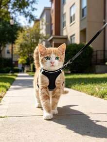 猫咪牵引背心式胸背带，柔软可调节，易于控制，透气反光条纹外套，黑色 - 黑色 - 查看 4