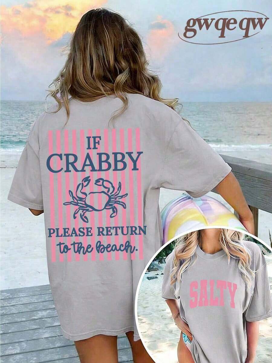 Women's If Crabby Please Return To The Beach Salty Graphic T-Shirt Double-Sided Print Oversized Casual Summer Tops Vacation Outfits Casual - 淺灰色 - 查看 1