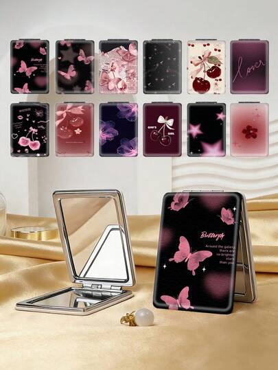 1pc Y2K Butterfly Series Compact Makeup Mirror, Foldable, Ultra-Thin, Convenient, Durable PU Leather, Suitable For Various Occasions Like Travel, Party, Work, School, Suitable For All Ages