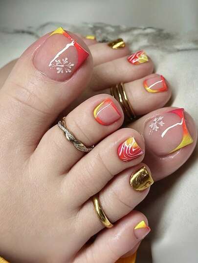 24 Pieces Of Short Square Toenails, 3D Gilt French Acrylic Manicure Patches, Geometric Striped Toenails, Lace Flower Press-On Nails, Including Jelly Glue And Nail File, Suitable For Parties, Events, And Daily Wear. Suitable For Women And Girls. Includes Manicure Tools. Shapeable Manicure Set