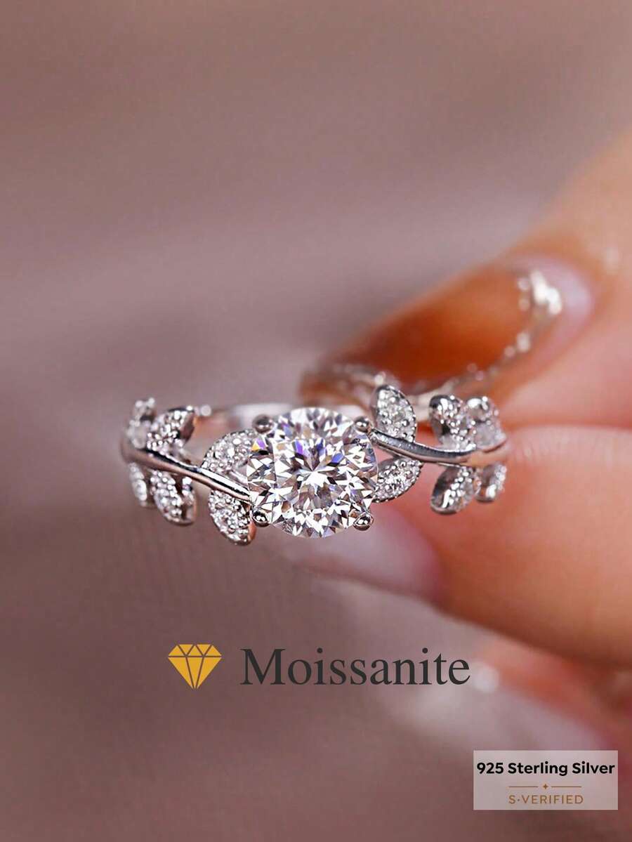 1pc Minimalist Laurel Four-Claw Ring, Inlaid With 1 Carat Moissanite Diamond, 925 Sterling Silver Material, Suitable For Daily Wear, Dates, Engagements, Weddings, And Exquisite Jewelry Anniversary Gift - Silver - View 1