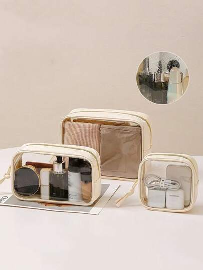 1pc Large Capacity Transparent PU Cosmetic Storage Bag, Women's Portable Travel Makeup Pouch, Unisex Toiletry Bag Essential For Travel