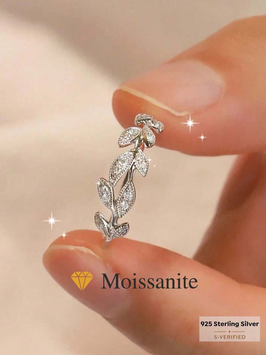 1 chiếc nhẫn bạc 925 đính đá Moissanite thiết kế cành cây tinh tế, quyến rũ, thích hợp làm quà tặng đính hôn, quà cưới, trang sức cô dâu cao cấp. - Bạc - Xem 1