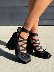 Women's Satin Ballet Chunky Block Heel Pumps Square Toe Chunky Heels Bow Mary Jane Shoes Lace Up Lolita Cosplay Shoes Mary Jane Cute Goth Elegant Wedding Party Shoes For Women - 黑色 - 查看 10