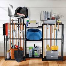 UNHO Multi-Tier Freestanding Garden & Garage Tool Organiser Heavy Duty Storage Rack With Mesh Baskets & Tool Hooks - Black - View 4