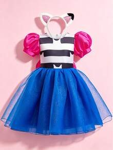 两件套幼儿女童猫咪服装，包含连衣裙和头饰，适合儿童万圣节嘉年华角色扮演、儿童生日派对，精致服装礼物 - 藍色 - 查看 2