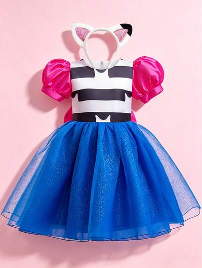 2pcs/Set Toddler Girls' Cat Costume, Includes Dress And Headpiece, Suitable For Children's Halloween Carnival Role Play, Children's Birthday Party Delicate Costume Gift