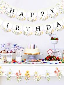 一套野花主题生日快乐横幅，生日派对三角旗，春季花卉主题婴儿派对用品，女孩生日派对装饰，新生儿性别揭晓派对墙面装饰，婴儿房装饰，一周岁生日装饰，生日派对用品 - 野花 - 查看 7
