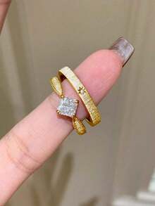 rundraw 2 Buah Cincin Bintang Geometris Zirkonia Tembaga Emas Baru yang Dapat Diatur, Aksesori Fashion Mewah Cocok untuk Pesta, Pakaian Sehari-hari - Emas - View 5