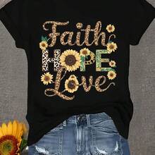 Women's Faith Hope Love T-Shirt-Black Inspirational Sunflower Pattern Top, Light And Quick-Drying Fitness, Church Daily Leisure Dress-Printed Inspirational Dress, Religious Dress, Inspirational Text Shirt, Sports Wear, Summer Fashion, Comfortable Fit Breathable Fabric Short Sleeve Top, Faith Theme Dress Memorial Day, Breathable Comfort, Office Commute, Unisex Fit, Vintage Vibe - màu đen - Xem 1
