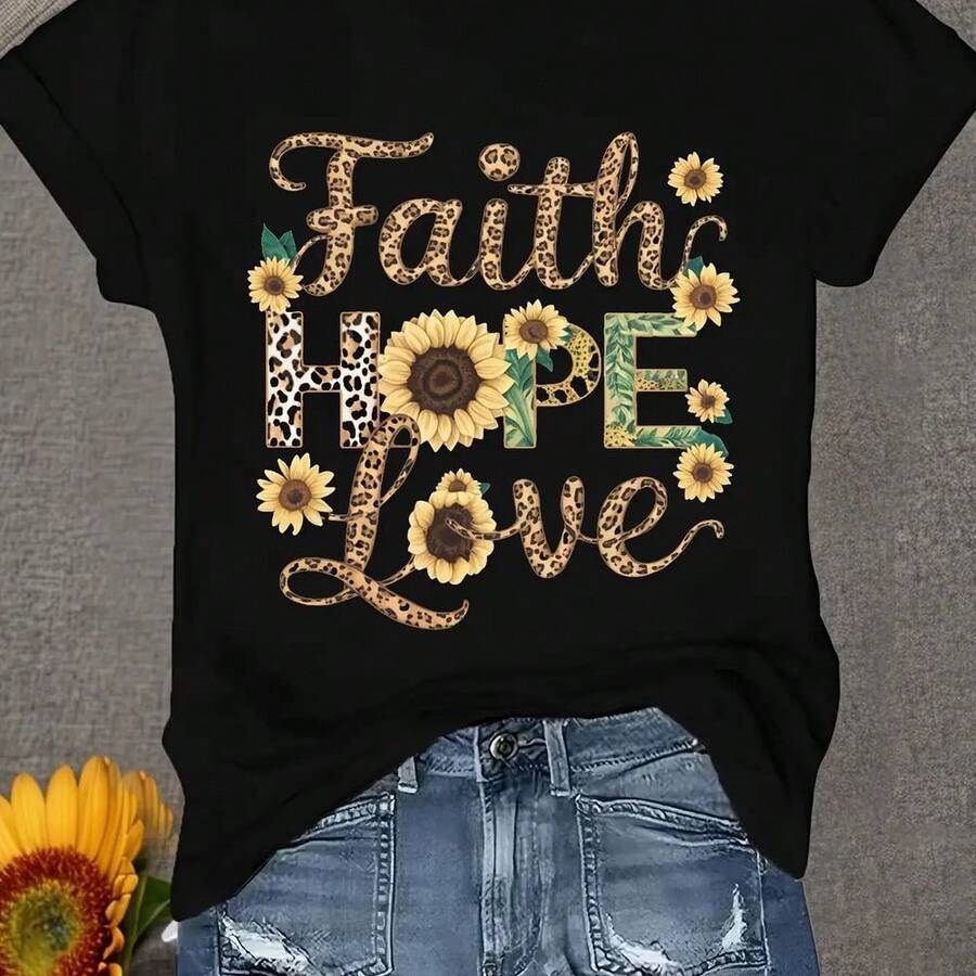 Women's Faith Hope Love T-Shirt-Black Inspirational Sunflower Pattern Top, Light And Quick-Drying Fitness, Church Daily Leisure Dress-Printed Inspirational Dress, Religious Dress, Inspirational Text Shirt, Sports Wear, Summer Fashion, Comfortable Fit Breathable Fabric Short Sleeve Top, Faith Theme Dress Memorial Day, Breathable Comfort, Office Commute, Unisex Fit, Vintage Vibe - màu đen - Xem 1