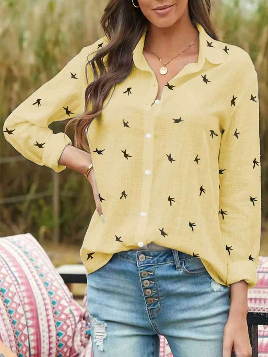 Women's Spring/Summer Casual Bird Print Long Sleeve Shirt, Suitable For Music Festival - Yellow - View 1