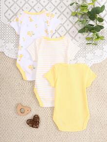 DILAVEL Ensemble de 3 pièces de body pour bébé garçon, manches courtes, printemps/été, nouveau, doux et confortable, respectueux de la peau, motif animal, vêtement d'extérieur - Jaune citron - Voir 2