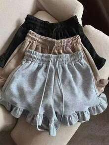 High Waist Loose Frill Trim Design Casual Sports Shorts For Women, Fashionable Wide Leg Loungewear - Black - View 2