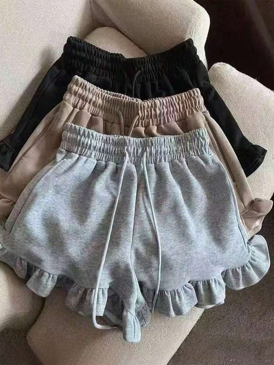 High Waist Loose Frill Trim Design Casual Sports Shorts For Women, Fashionable Wide Leg Loungewear