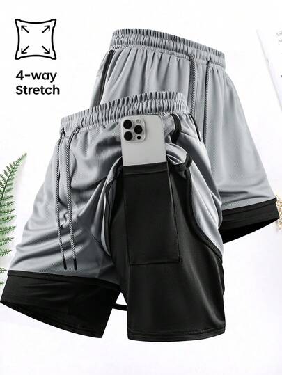 1pc Men's 2-In-1 Summer Sports Shorts, Mesh Fabric, Running Shorts, Suitable For Gym Workout, Outdoor Running