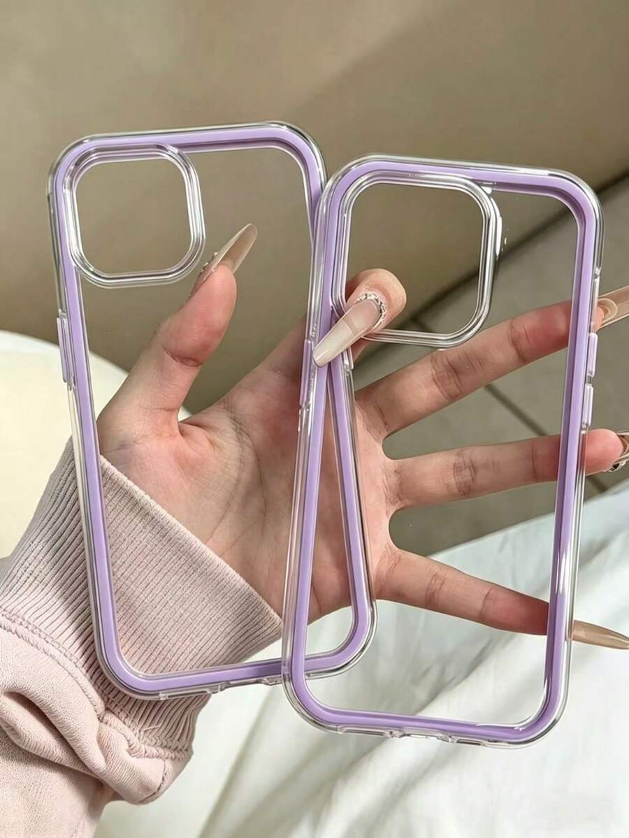 High-End Quality Apple Smartphone Fashionable Protective Case, 3-In-1 Thick Hard Material, Colorful Solid Color Frames, Personalized Creative Pink, White, Black, Blue, Green Options, Minimalist Anti-Fall Full Coverage Transparent Tactile Colored Phone Case, Waterproof, Shock-Proof, Anti-Fall, Anti-Scratch. - Purple - View 1