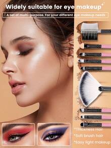 11pcs Pink & Black Portable Makeup Brush Set, Beginner Eyeshadow Brush, Powder Brush, Cosmetic Makeup Tools Full Set - Multicolor - View 6