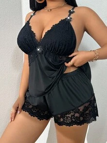 黑色蕾丝吊带睡衣套装，性感优雅的V领装饰两件套睡衣，适合情人节和浪漫夜晚穿着。 - 黑色 - 查看 1