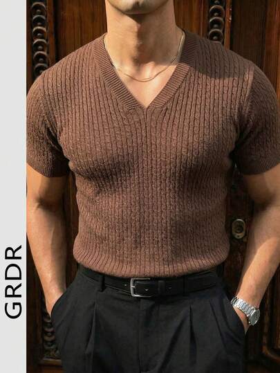 GRDR Camisa de punto de manga corta con cuello en V acanalado para hombre, adecuada para un atuendo casual y minimalista de verano