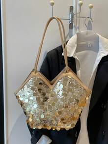 Túi lấp lánh mới, túi tối giản nhẹ, túi dự tiệc chất liệu lấp lánh, túi xách tay, túi đeo vai thời trang, túi tote. - Vàng - Xem 7