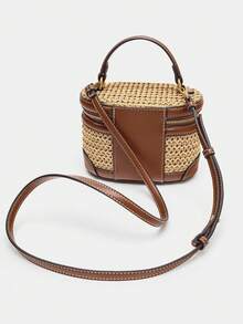 1pc Fashion Commuter Handbag, Leather & Woven Fabric Shoulder Bag, Structured Design, Niche Travel Vacation Style Crossbody Bag, Straw Box Bag - Khaki - View 6