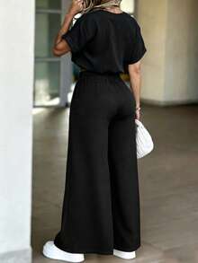 Women's Casual Everyday Commute Minimalist Solid Color Notched Neck Cropped Top And Wide Leg Pants Set, Spring/Summer/Autumn Black Elegant - Black - View 2