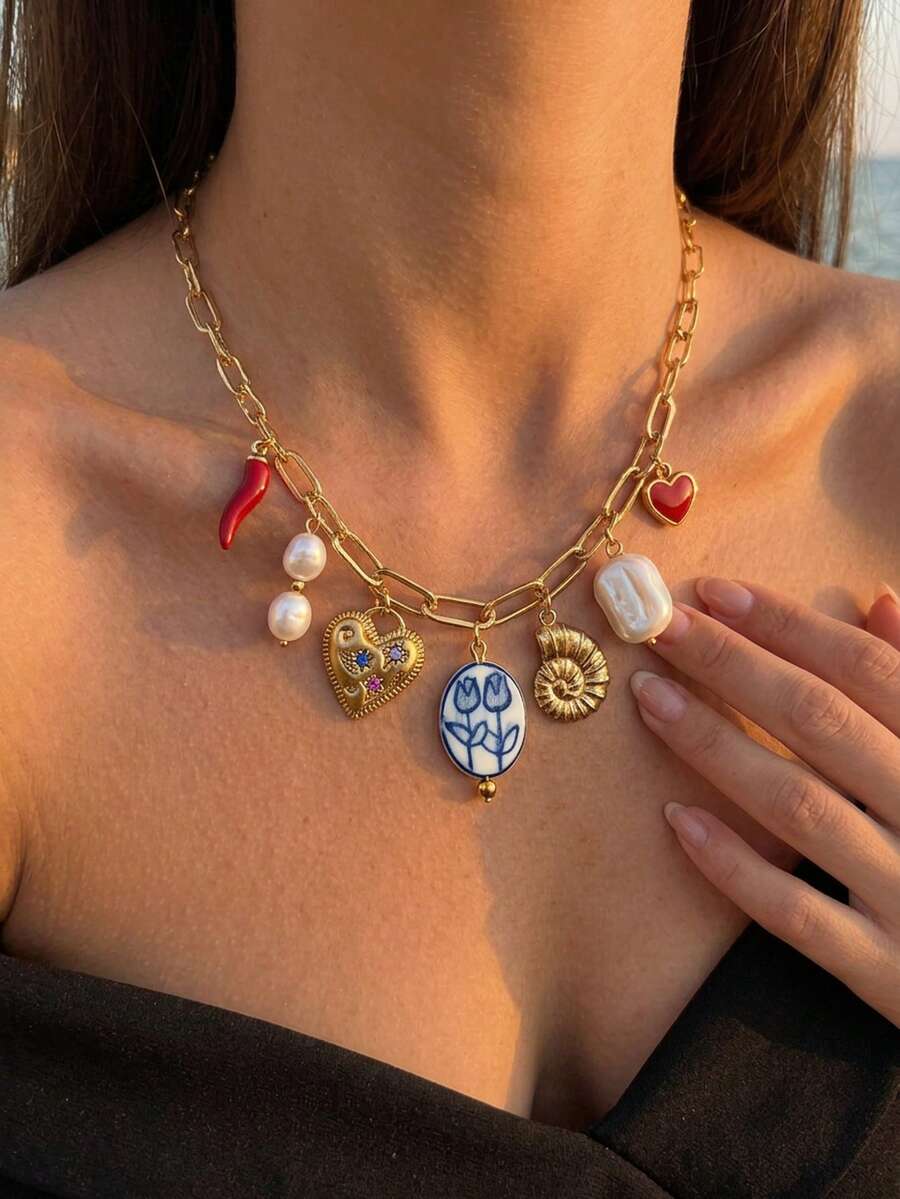 1pc Stainless Steel Seashell Heart Pendant Necklace, Women's Daily/Vacation/Party Jewelry, Gift For Valentine's Day, Mother's Day - Multicolor - View 1