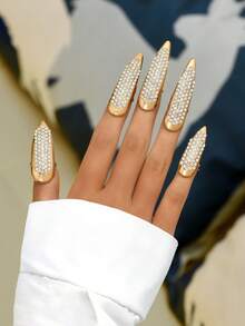5 piezas Anillos de dedo abiertos con brillantes de moda, accesorios para uñas - Dorado - Ver 8