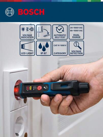  Bosch Non-Contact Voltage Tester, Electrical Test Pen, AC 24/90-1000V Dual Sensitivity, With LED Flashlight And Audible Alarm Live/Neutral Wire Detector, Continuity Checker