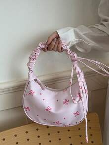 1 chiếc túi đeo vai bằng vải nylon màu hồng, khóa kéo trơn, dây rút, nơ, in chấm bi, thời trang, đa năng, phong cách tối giản, mùa xuân/hè, mẫu mới độc đáo, phù hợp cho nữ sử dụng hàng ngày. - Hồng - Xem 4